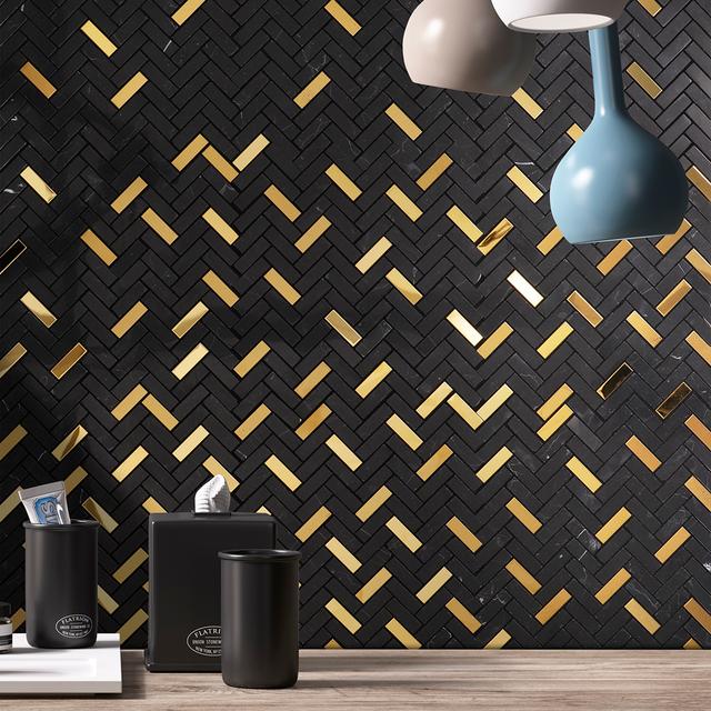 Luxury Black and Gold Marble Bathroom  Gradient Mosaic Tiles — mosaic xương cá bằng đá marble đen & vàng