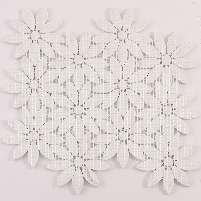White Daisy Waterjet Artificial Marble Mosaic Tiles — mosaic hoa văn waterjet bằng đá marble trắng