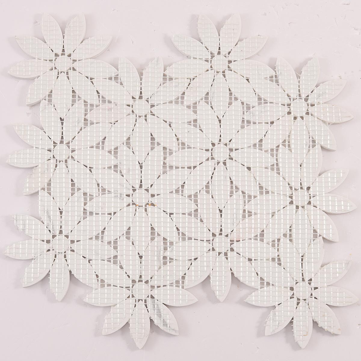 White Daisy Waterjet Artificial Marble Mosaic Tiles — mosaic hoa văn waterjet bằng đá marble trắng