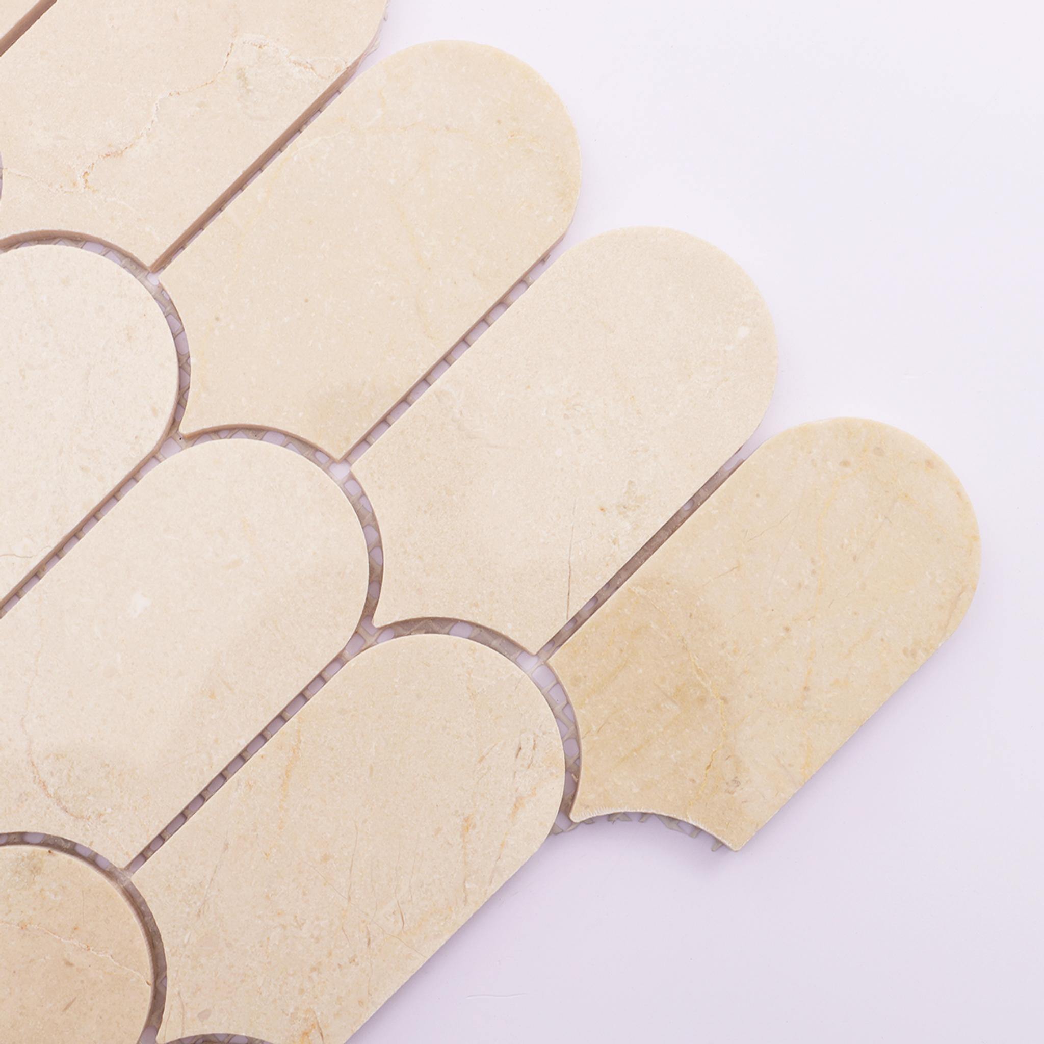 Beige Long Fish Scale Marble Tiles — mosaic vảy cá (fish scale) bằng đá marble beige