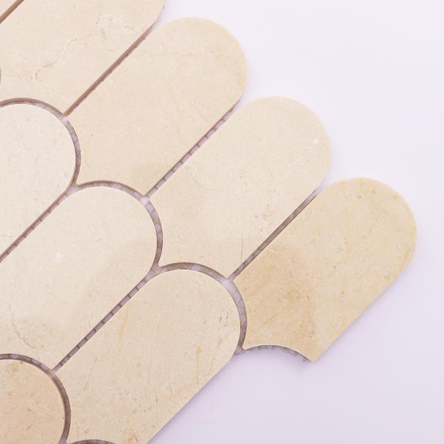 Beige Long Fish Scale Marble Tiles — mosaic vảy cá (fish scale) bằng đá marble beige