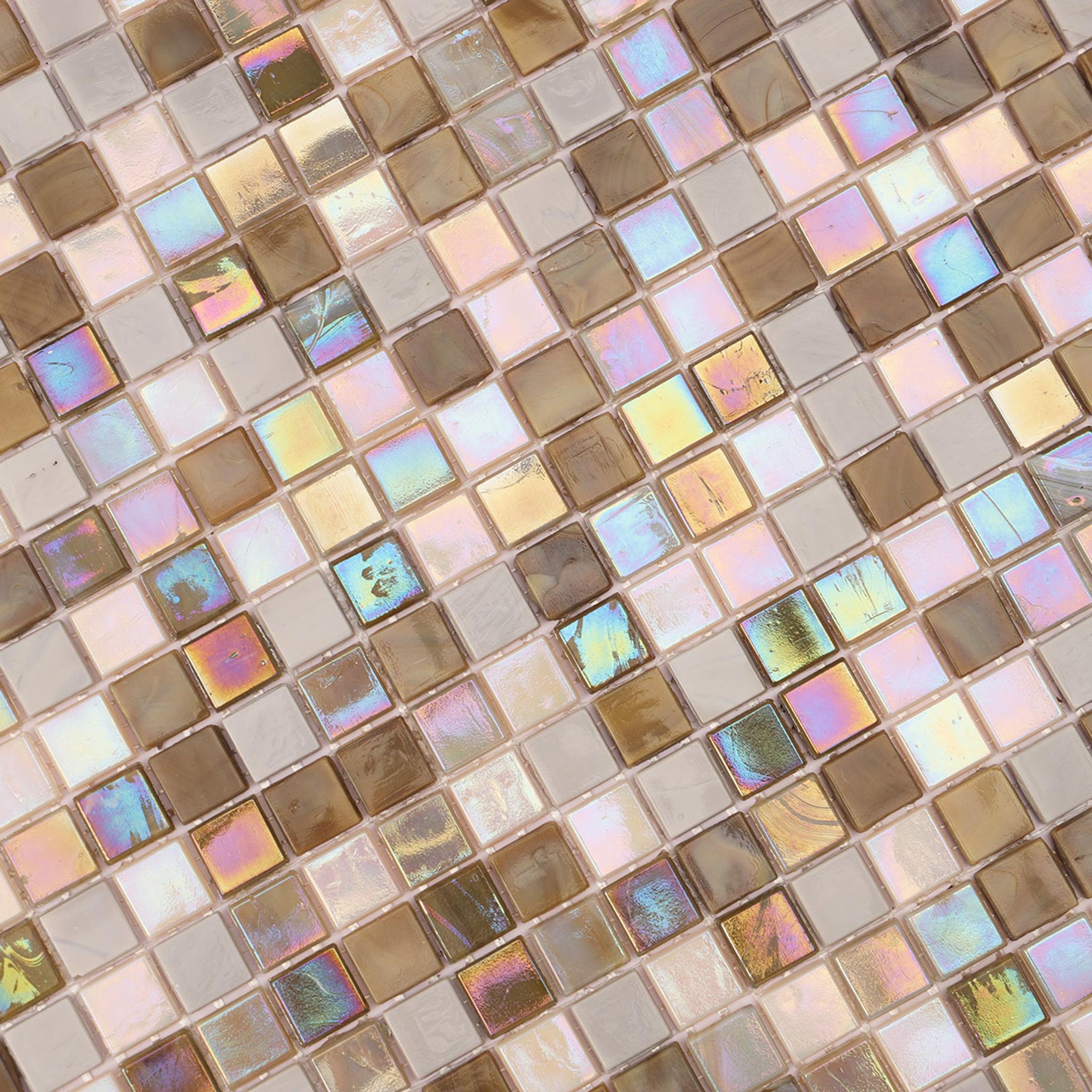 Brown Mixed Beige Pearlescent Water Glass Mosaic Tiles — mosaic tròn (penny round) bằng thủy tinh beige & nâu