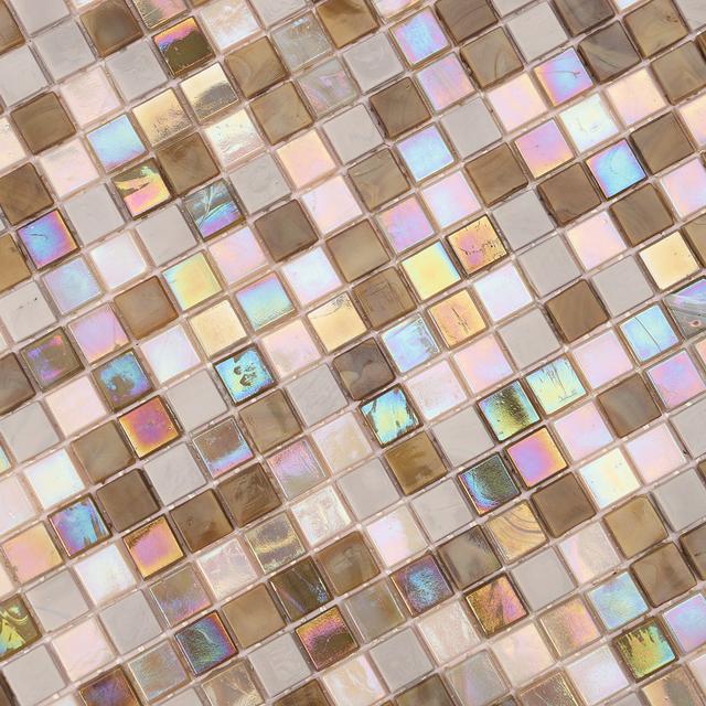 Brown Mixed Beige Pearlescent Water Glass Mosaic Tiles — mosaic tròn (penny round) bằng thủy tinh beige & nâu