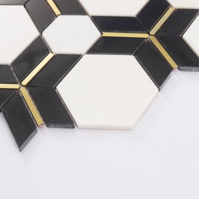Black and White Hexagon Marble with Gold Accents — mosaic lục giác bằng đá marble đen & trắng điểm vàng