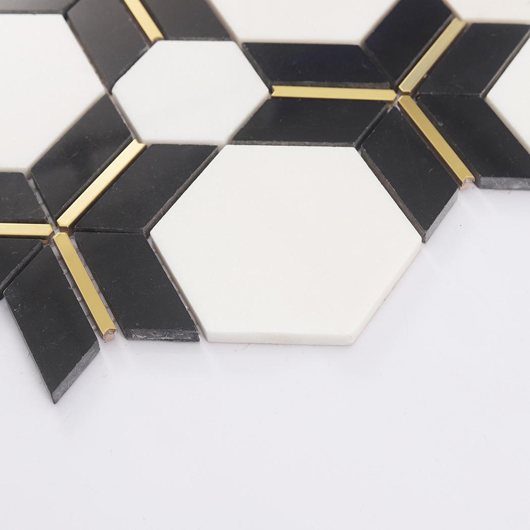 Black and White Hexagon Marble with Gold Accents — mosaic lục giác bằng đá marble đen & trắng điểm vàng