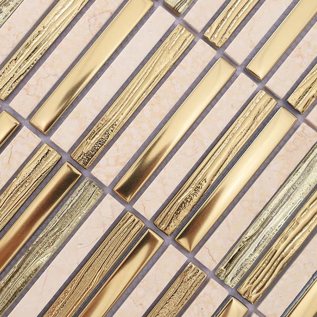 Gold Glass and Beige Marble Stack Linear Mosaic Tile for Kitchen an… — mosaic thanh dài (linear) bằng đá marble beige & vàng