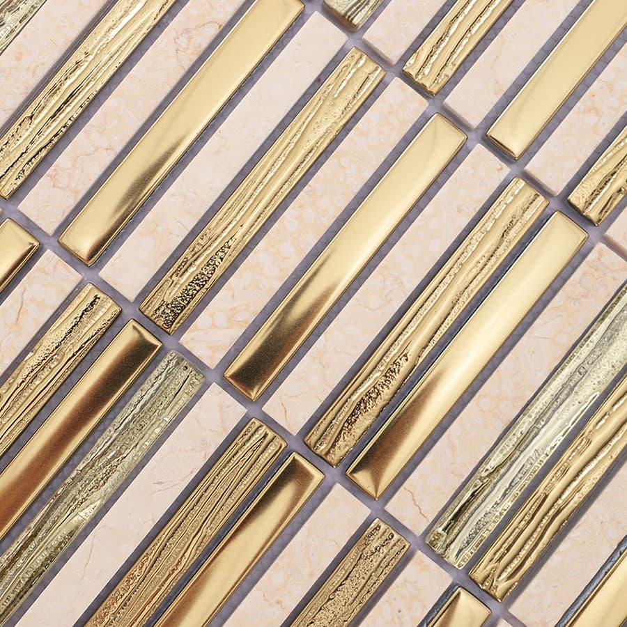 Gold Glass and Beige Marble Stack Linear Mosaic Tile for Kitchen an… — mosaic thanh dài (linear) bằng đá marble beige & vàng