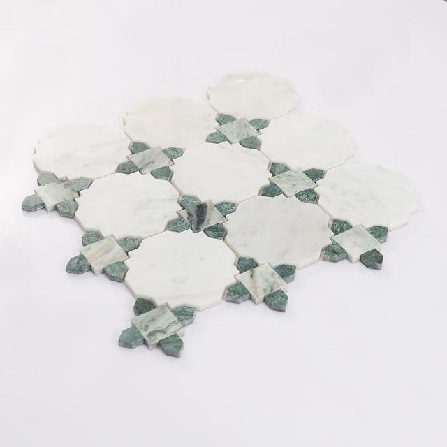 White and Green Marble Mosaic Wall and Floor Tile with Green Diamond — mosaic ghép nghệ thuật bằng đá marble trắng & xanh lục
