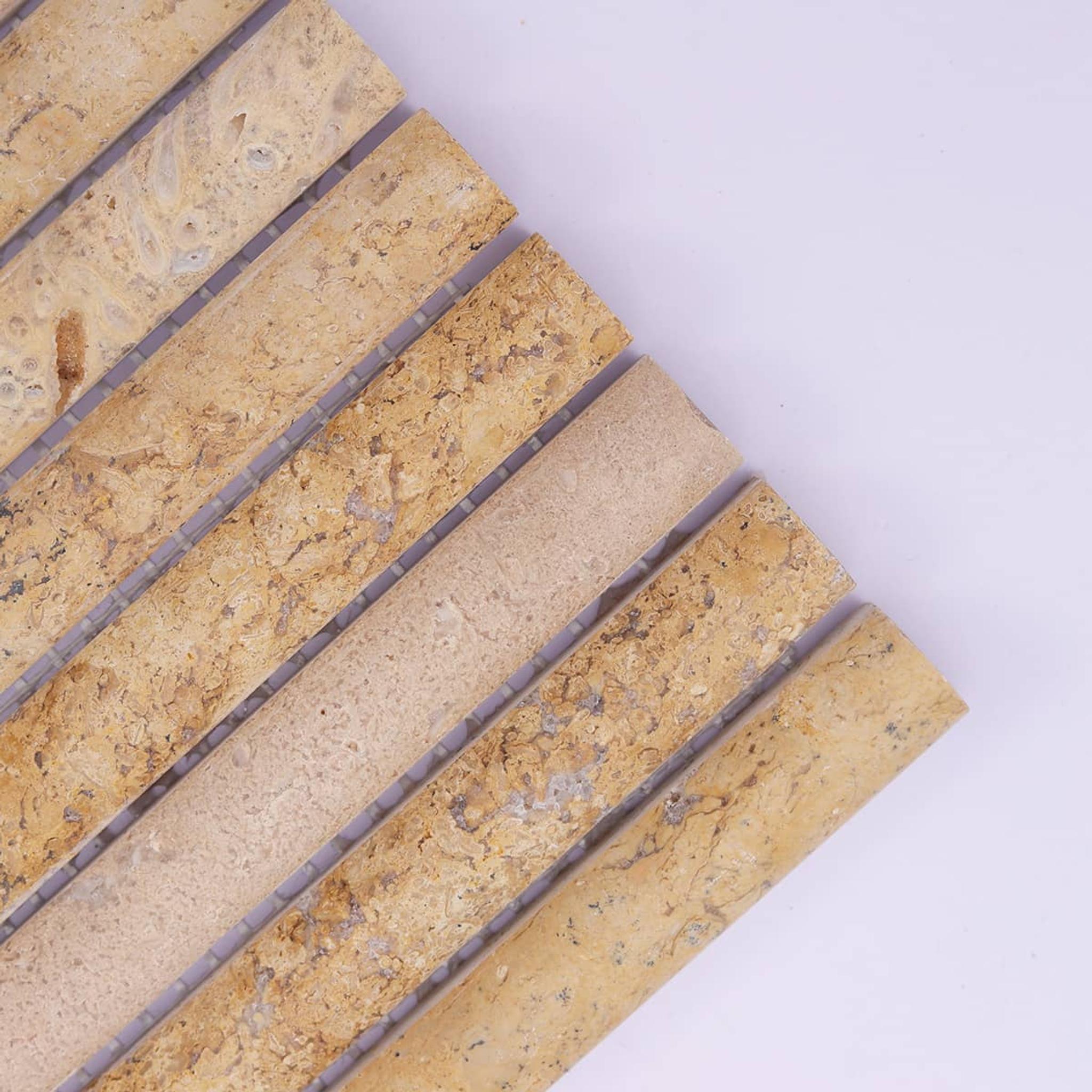 Beige 3D Fluted Travertine Mosaic Bathroom Stone Tile — mosaic rãnh sọc (fluted) bằng đá travertine beige