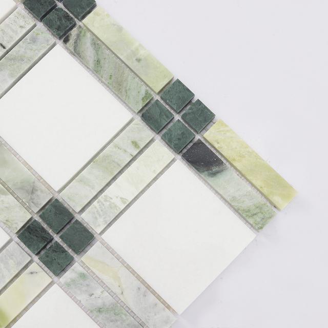 Plaid Marble Floor Mosaic Tile Green and White Wall — mosaic ghép nghệ thuật bằng đá marble trắng & xanh lục
