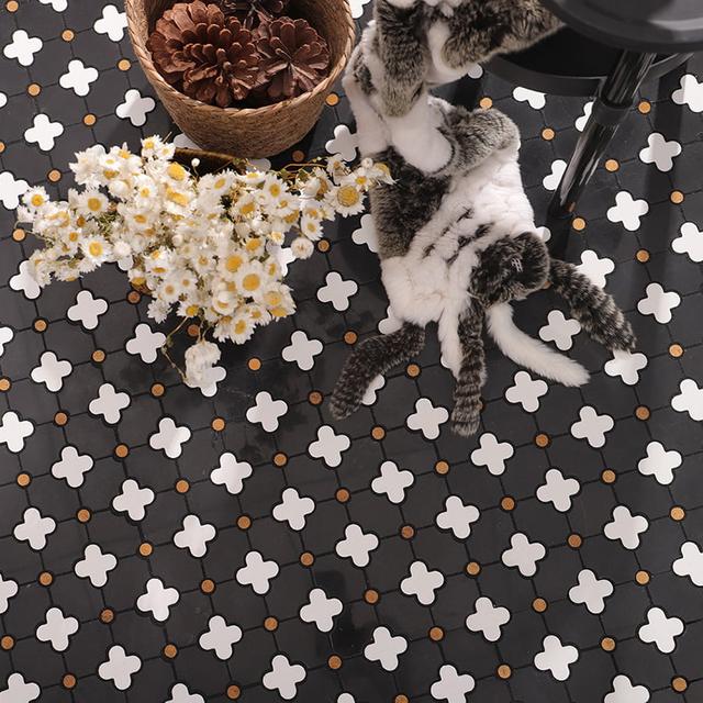Black and White Floral Marble Mosaic Tiles — mosaic hoa văn waterjet bằng đá marble đen & trắng