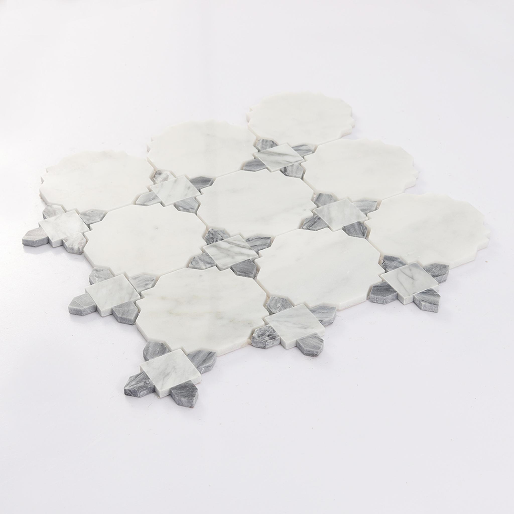 White and Gray Marble Mosaic Tile with Classic Geometric Pattern — mosaic ghép nghệ thuật bằng đá marble trắng & xám