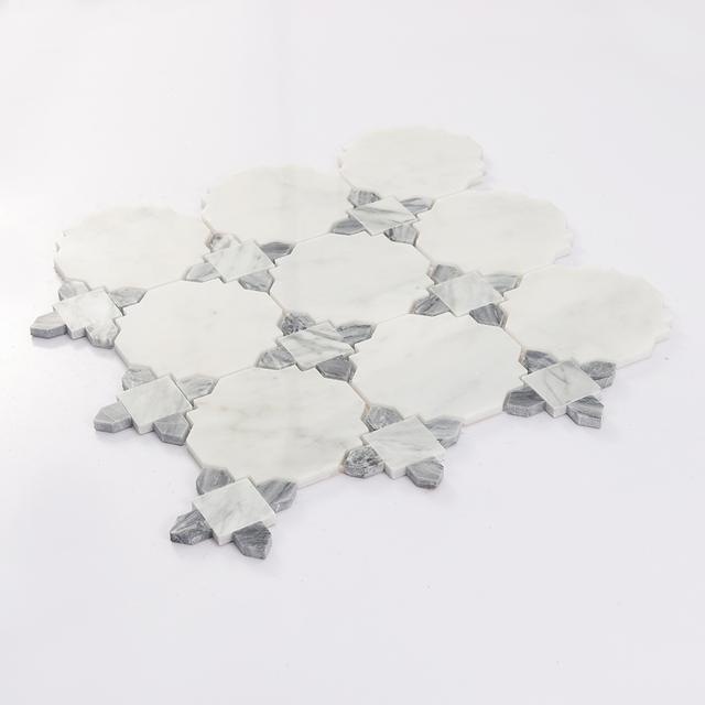 White and Gray Marble Mosaic Tile with Classic Geometric Pattern — mosaic ghép nghệ thuật bằng đá marble trắng & xám