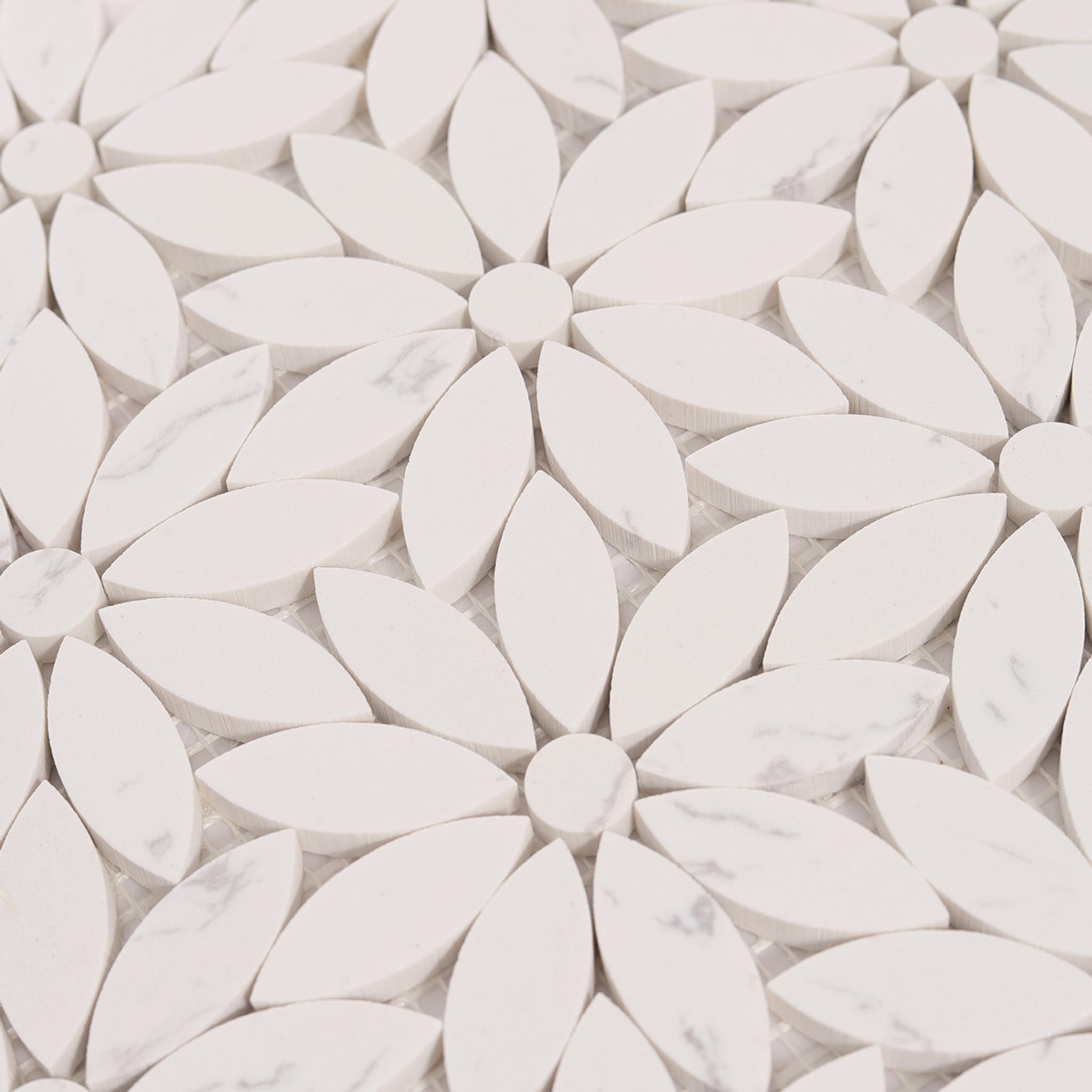 White Daisy Waterjet Artificial Marble Mosaic Tiles — mosaic hoa văn waterjet bằng đá marble trắng