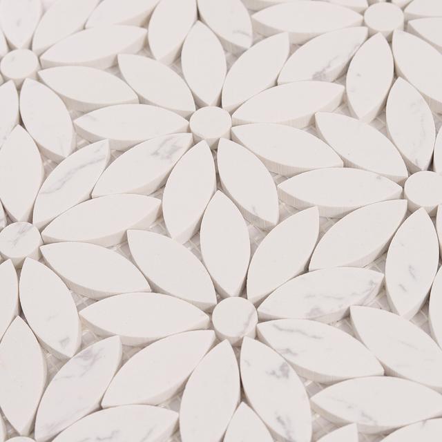 White Daisy Waterjet Artificial Marble Mosaic Tiles — mosaic hoa văn waterjet bằng đá marble trắng