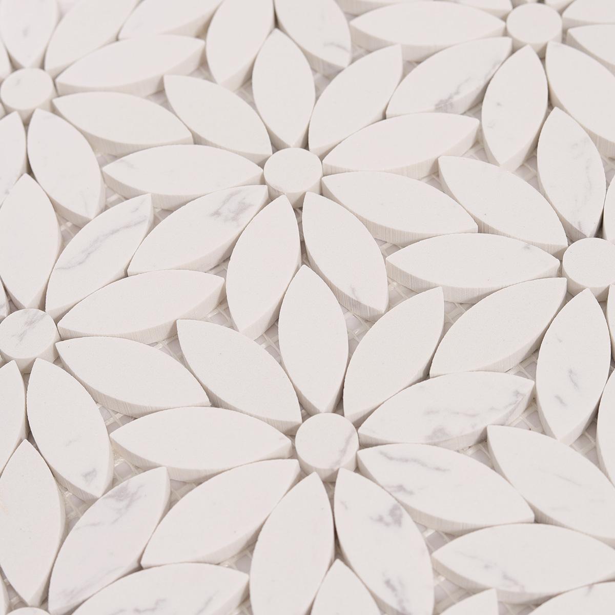 White Daisy Waterjet Artificial Marble Mosaic Tiles — mosaic hoa văn waterjet bằng đá marble trắng