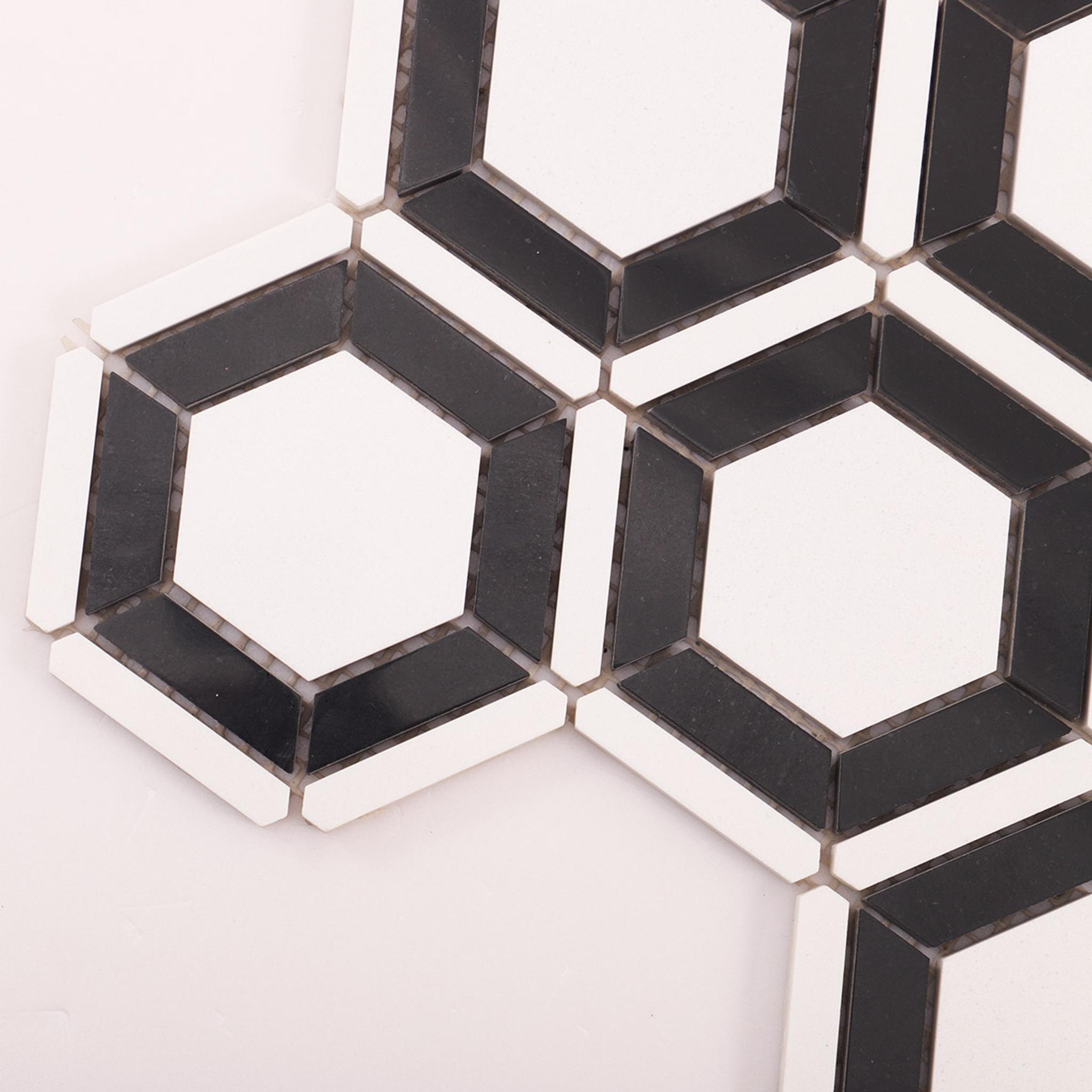 Black and White Hexagon Carrara Marble Mosaic Tile — mosaic lục giác bằng đá marble đen & trắng