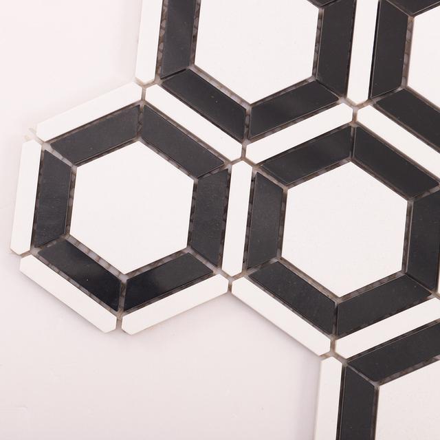 Black and White Hexagon Carrara Marble Mosaic Tile — mosaic lục giác bằng đá marble đen & trắng