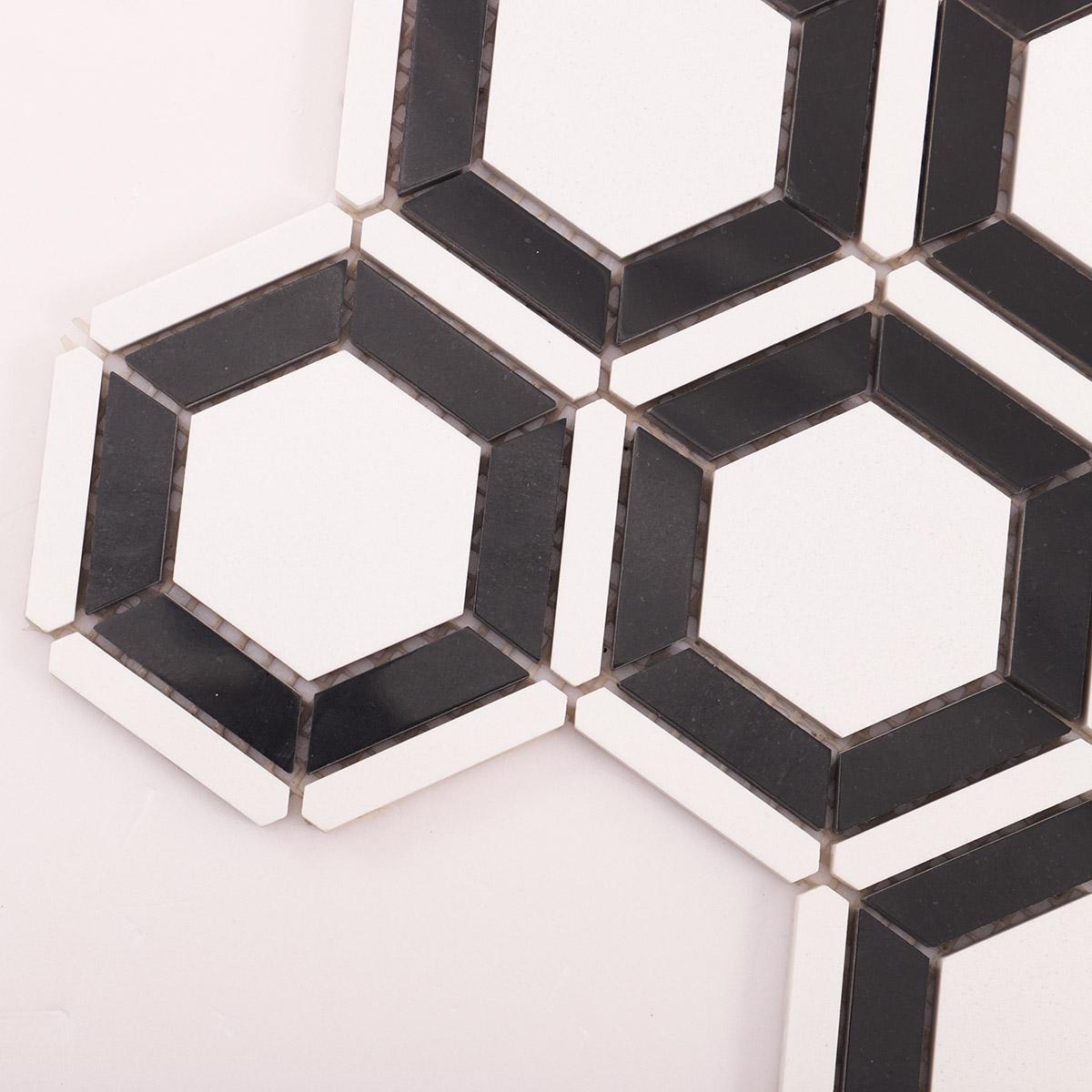 Black and White Hexagon Carrara Marble Mosaic Tile — mosaic lục giác bằng đá marble đen & trắng