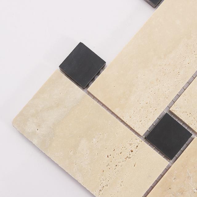Beige Basketweave Marble Mosaic with Black Dot — mosaic đan rổ (basketweave) bằng đá marble beige điểm đen