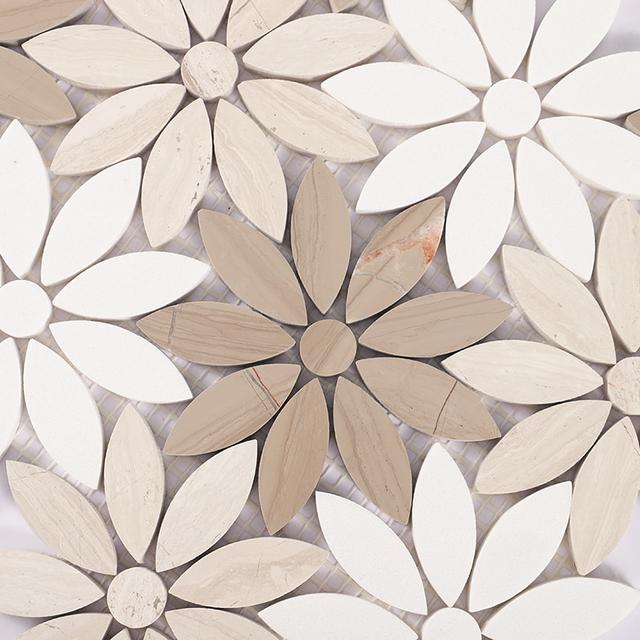 Wooden Beige and White Flower Marble Mosaic Tile — mosaic hoa văn waterjet bằng đá marble trắng & beige