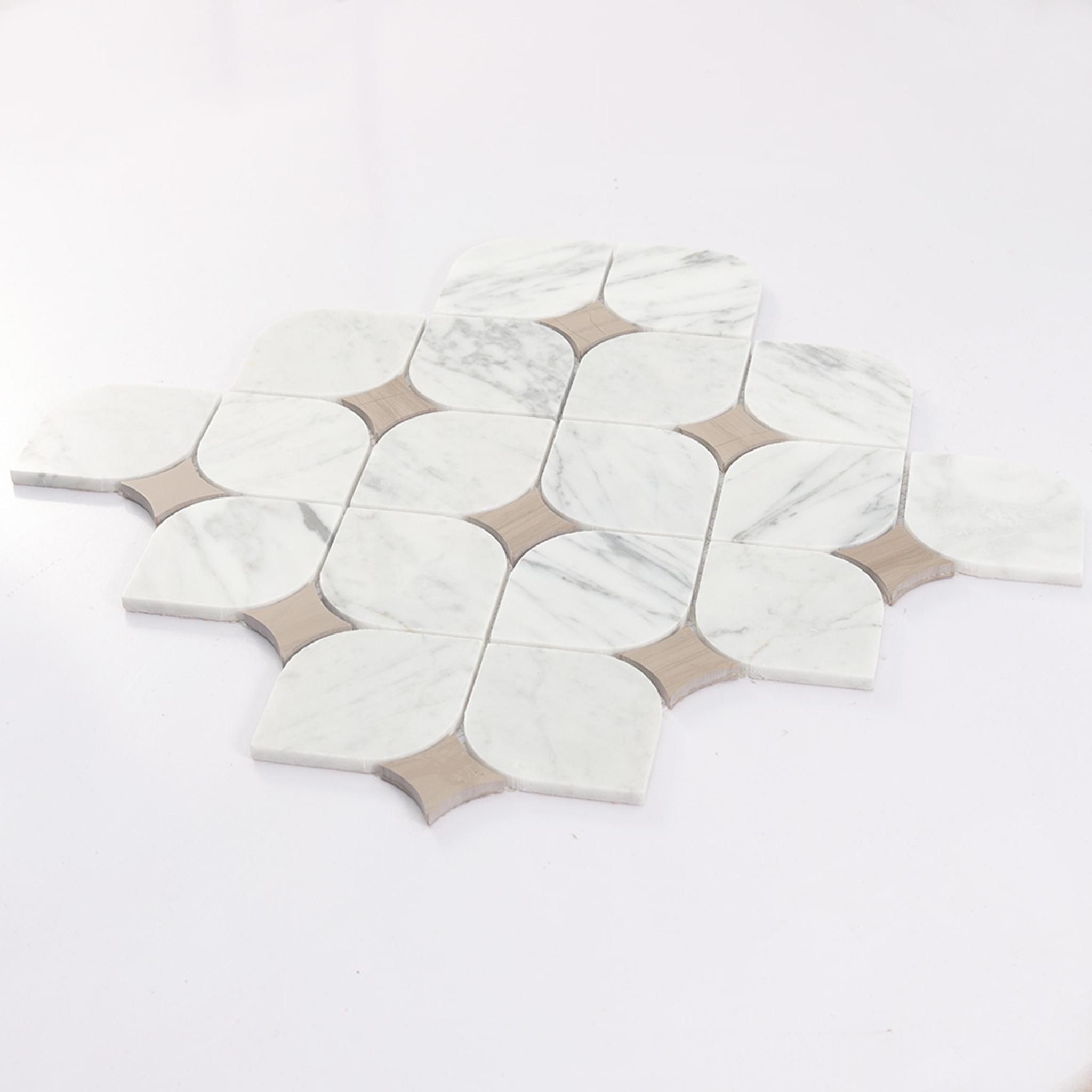 White Arabesque Marble Mosaic Tile with Beige Star Accents — mosaic arabesque bằng đá marble trắng & beige