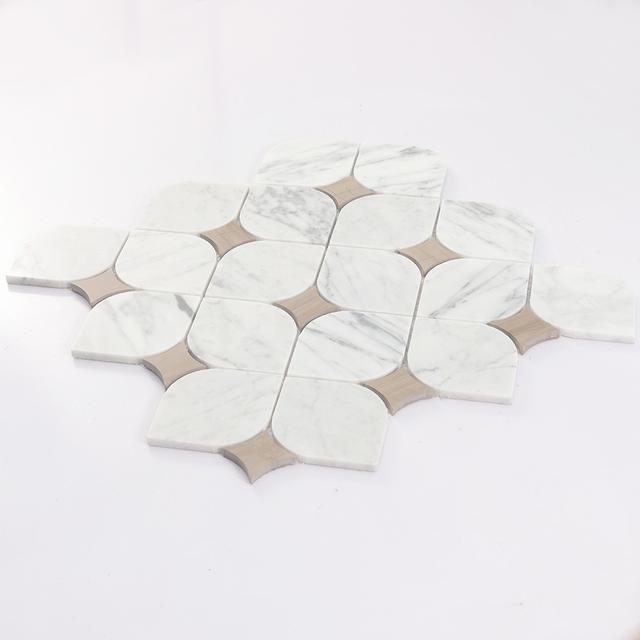 White Arabesque Marble Mosaic Tile with Beige Star Accents — mosaic arabesque bằng đá marble trắng & beige