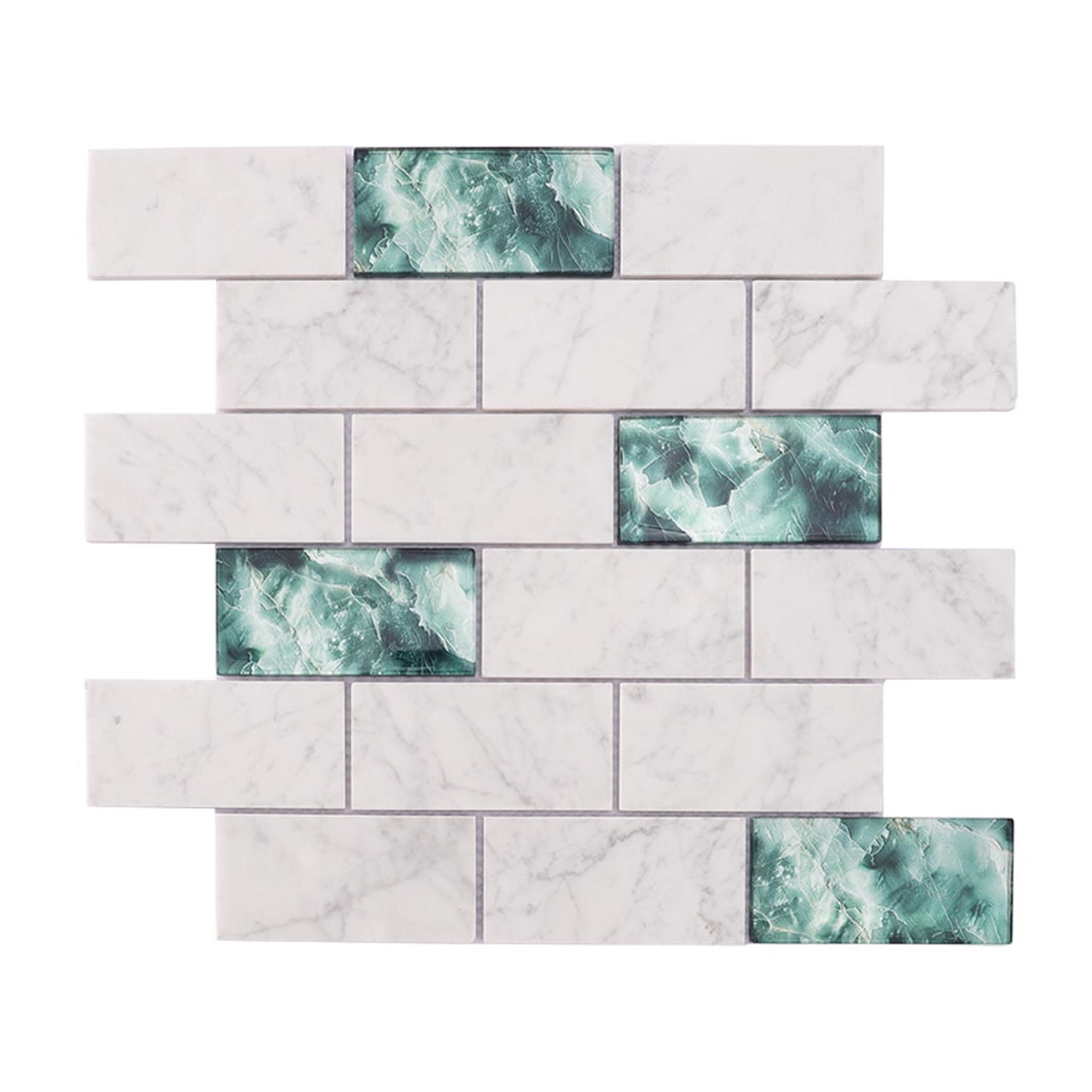 White Marble and Green Glass Mosaic Brick Subway Tile — mosaic subway (gạch thẻ) bằng đá marble trắng & xanh lục