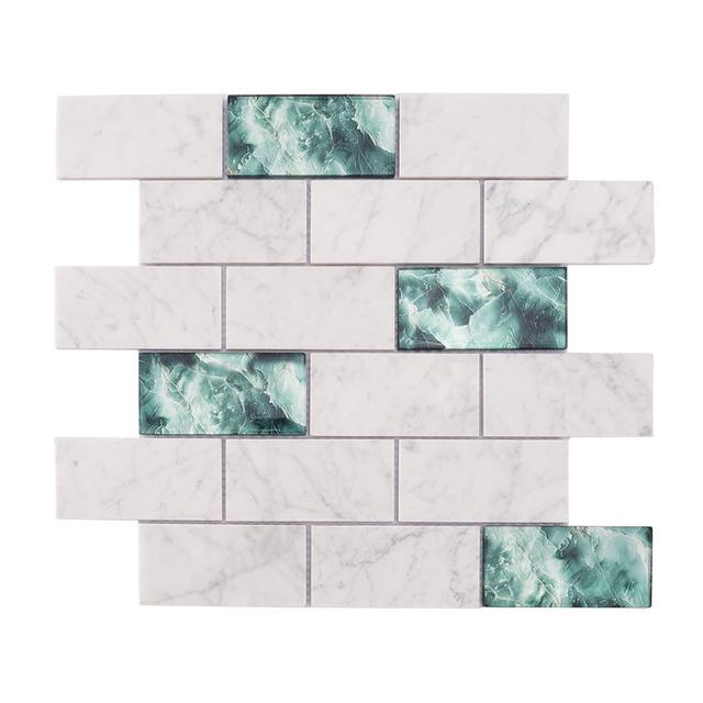 White Marble and Green Glass Mosaic Brick Subway Tile — mosaic subway (gạch thẻ) bằng đá marble trắng & xanh lục