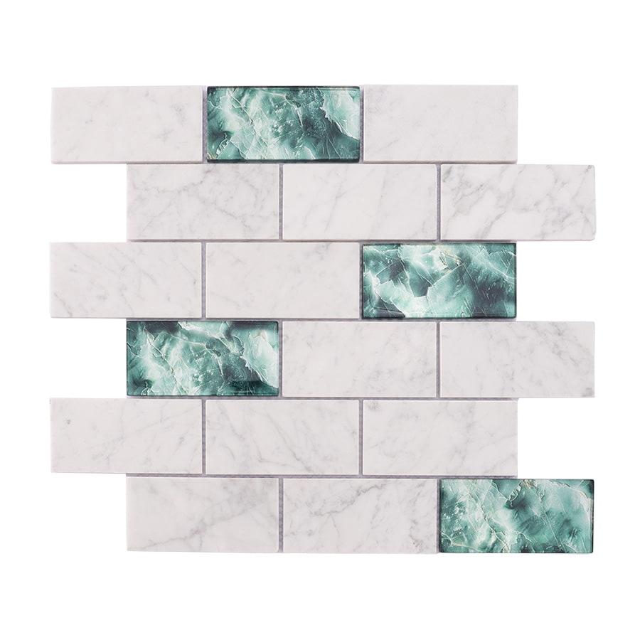 White Marble and Green Glass Mosaic Brick Subway Tile — mosaic subway (gạch thẻ) bằng đá marble trắng & xanh lục