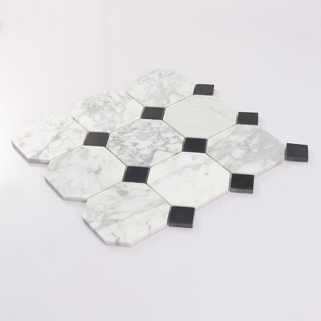 White Octagon Marble Mosaic with Black Square Dot Tile — mosaic vuông bằng đá marble đen & trắng
