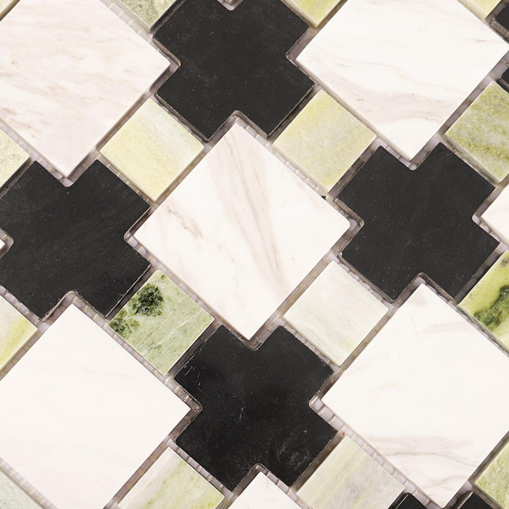 Green Black White Geometric Marble Floor Tile — mosaic ghép nghệ thuật bằng đá marble đen & trắng