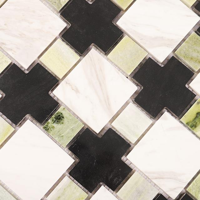 Green Black White Geometric Marble Floor Tile — mosaic ghép nghệ thuật bằng đá marble đen & trắng