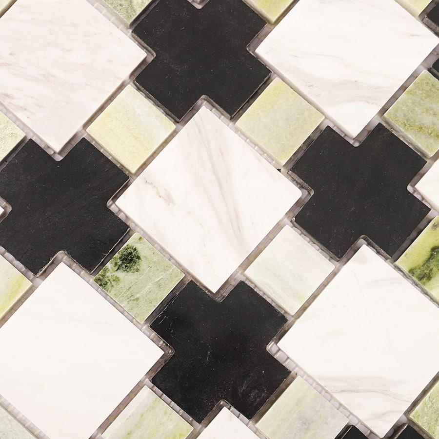 Green Black White Geometric Marble Floor Tile — mosaic ghép nghệ thuật bằng đá marble đen & trắng