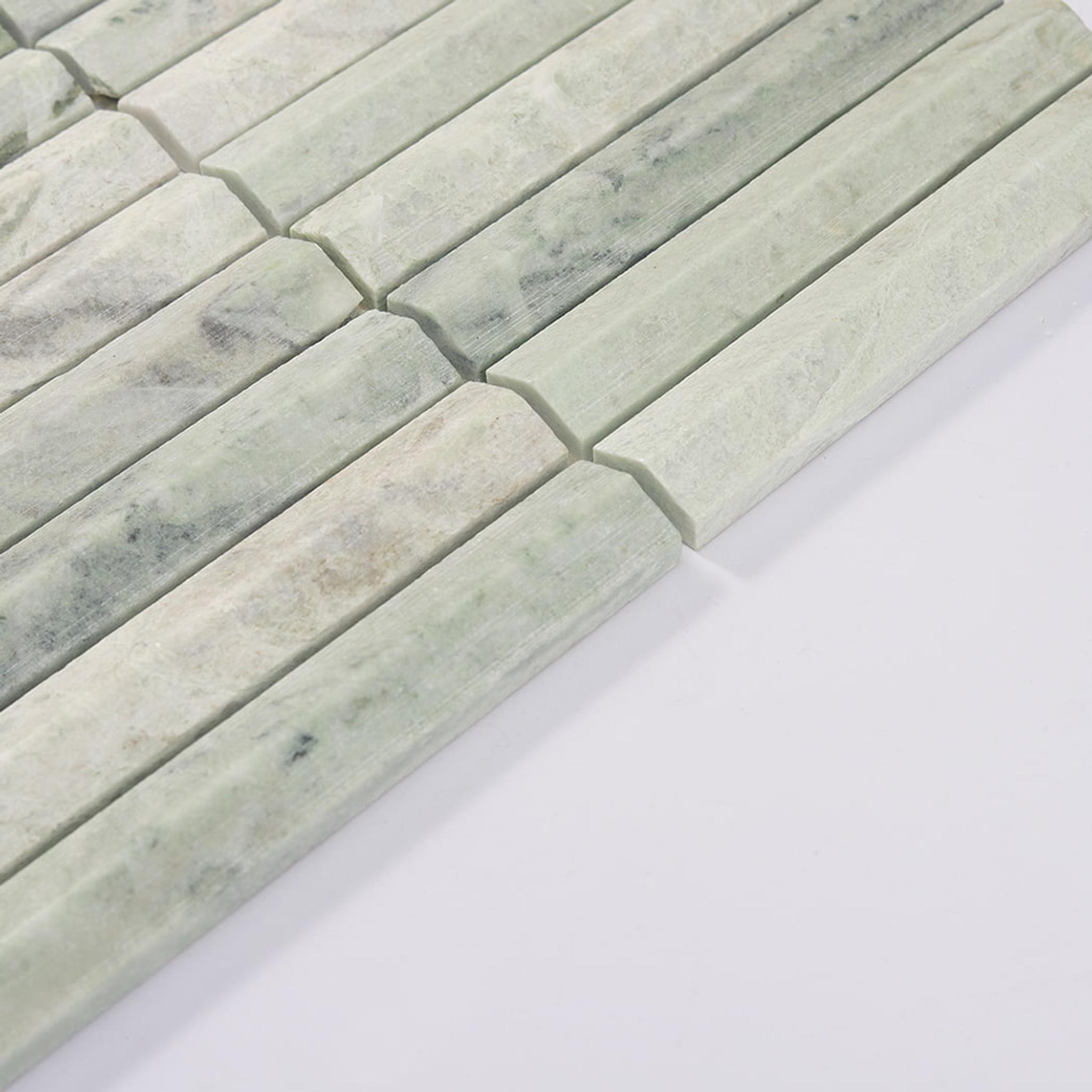 Ming Green Fluted Stacked Marble Mosaic Tile Backsplash and Bathroom — mosaic rãnh sọc (fluted) bằng đá marble xanh lục