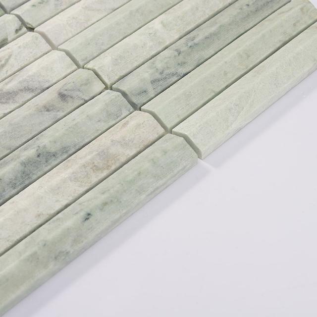 Ming Green Fluted Stacked Marble Mosaic Tile Backsplash and Bathroom — mosaic rãnh sọc (fluted) bằng đá marble xanh lục
