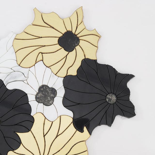 Marble and Brass Waterjet Flower Tile with Glass Decorate Mosaic Art — mosaic hoa văn waterjet bằng đá marble tự nhiên