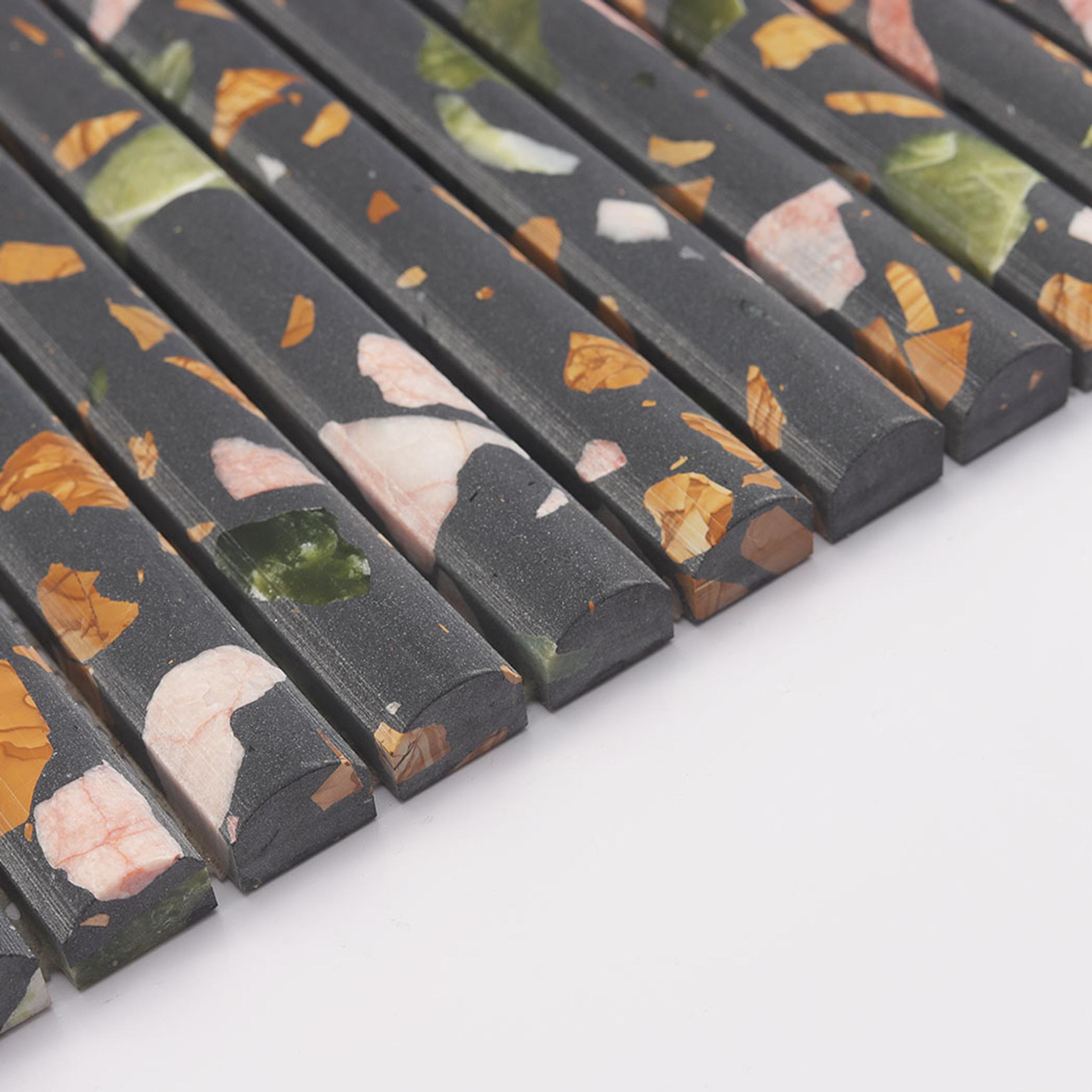 Black Terrazzo Fluted Wall Mosaic Tile for Powder Room and Walls — mosaic rãnh sọc (fluted) bằng đá terrazzo đen