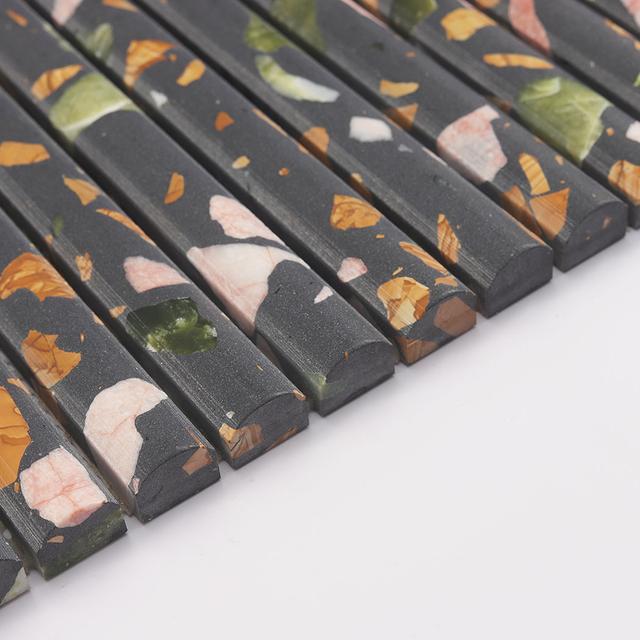 Black Terrazzo Fluted Wall Mosaic Tile for Powder Room and Walls — mosaic rãnh sọc (fluted) bằng đá terrazzo đen
