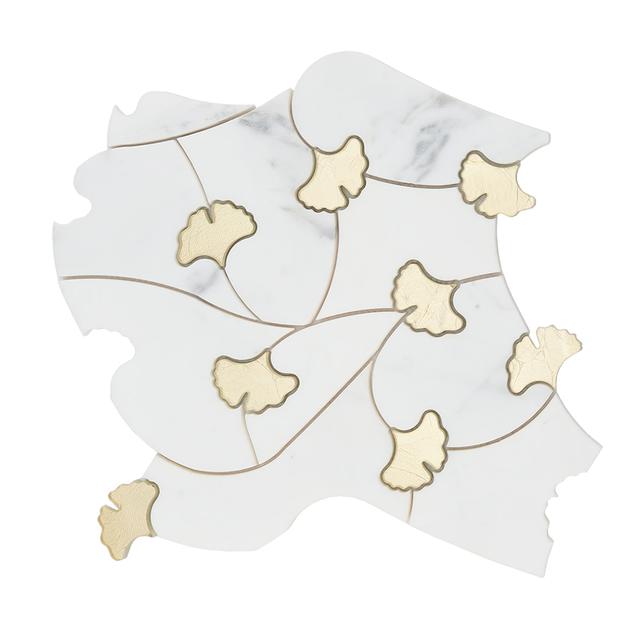 White Marble Gold Glass Waterjet Ginkgo Leaf Mosaic Tile — Rochelle Rochelle Stone