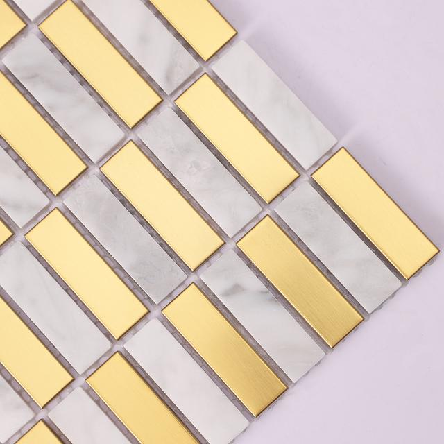White Marble and Gold Metal Checkerboard Mosaic Tiles — mosaic ghép nghệ thuật bằng đá marble trắng & vàng