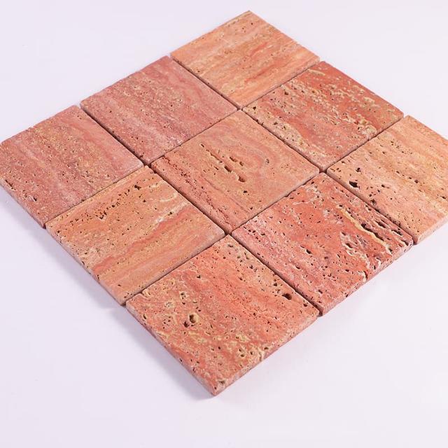 Red Travertine Big Square Mosaic Marble Tile for Floor and Wall — mosaic vuông bằng đá travertine đỏ