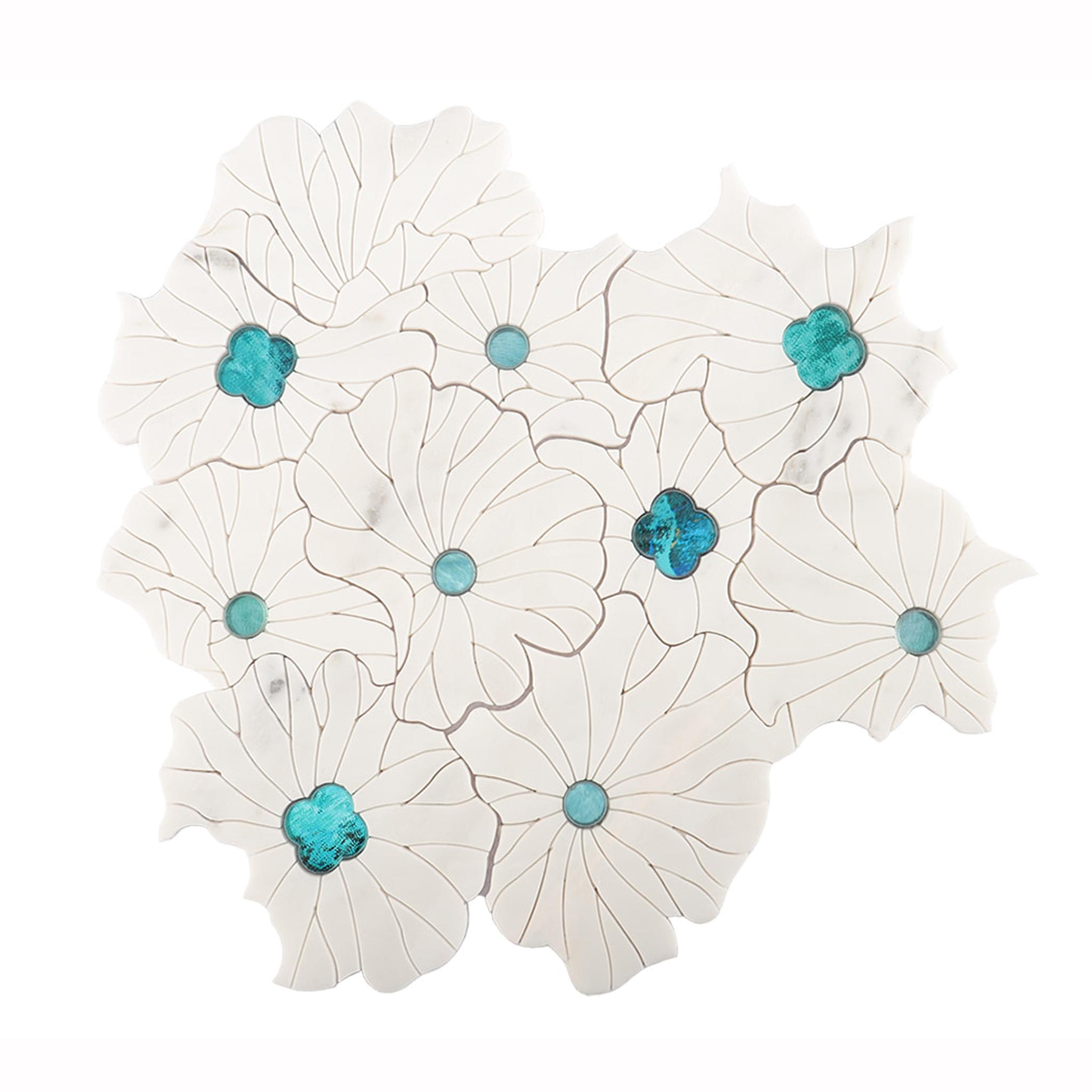 Waterjet Marble with Glass Flower Mosaic Tile — mosaic hoa văn waterjet bằng đá marble tự nhiên