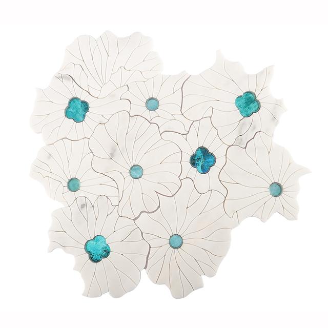 Waterjet Marble with Glass Flower Mosaic Tile — mosaic hoa văn waterjet bằng đá marble tự nhiên