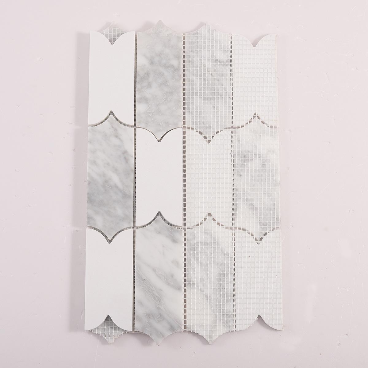 Scalloped Long Arabesque Mosaic Tile — mosaic vảy cá (fish scale) bằng đá marble trắng & trắng Carrara