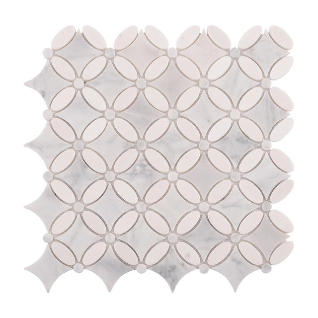 White Floral Petal Marble Mosaic Wall Tiles — mosaic hoa văn waterjet bằng đá marble trắng & trắng Carrara