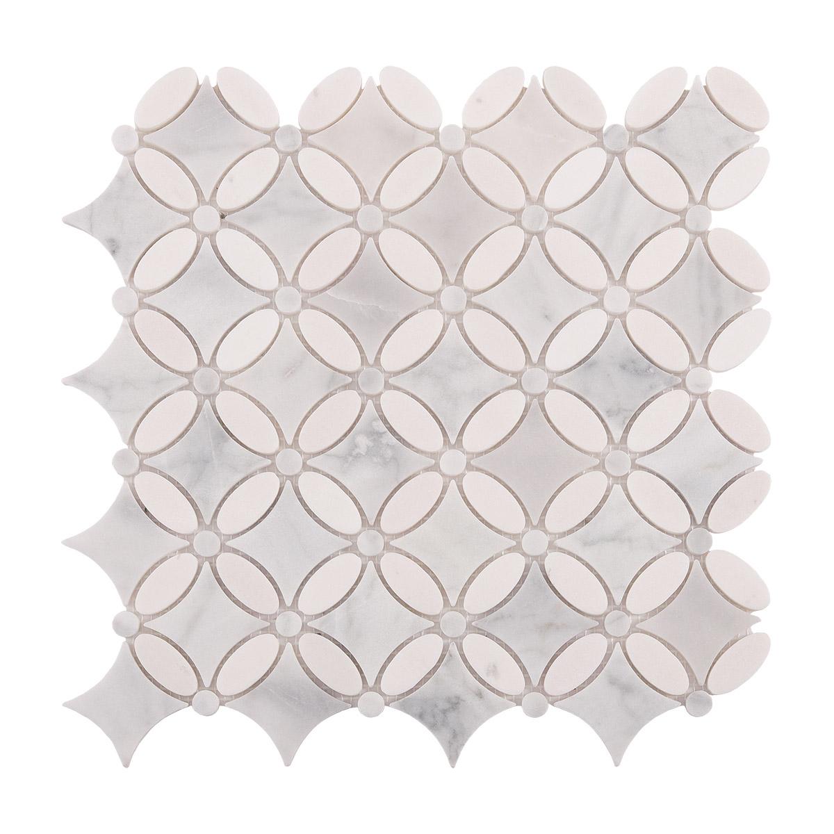 White Floral Petal Marble Mosaic Wall Tiles — mosaic hoa văn waterjet bằng đá marble trắng & trắng Carrara