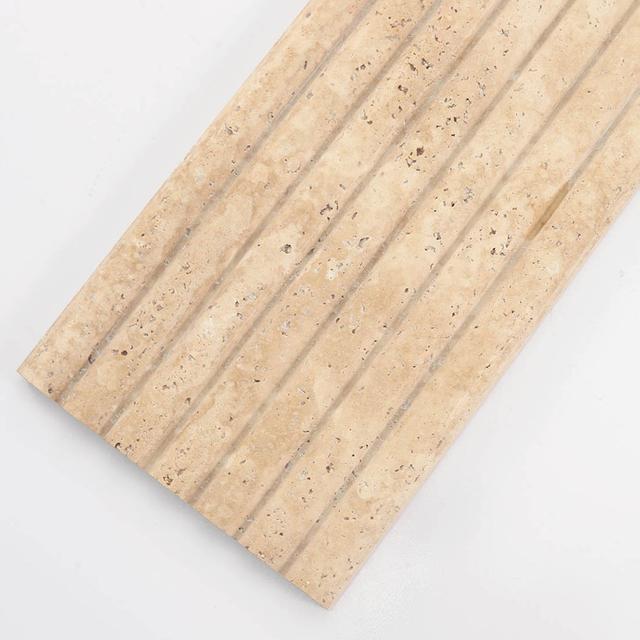 Beige Fluted Travertine Tile: Premium Long Strip Stone Wall — mosaic rãnh sọc (fluted) bằng đá travertine beige