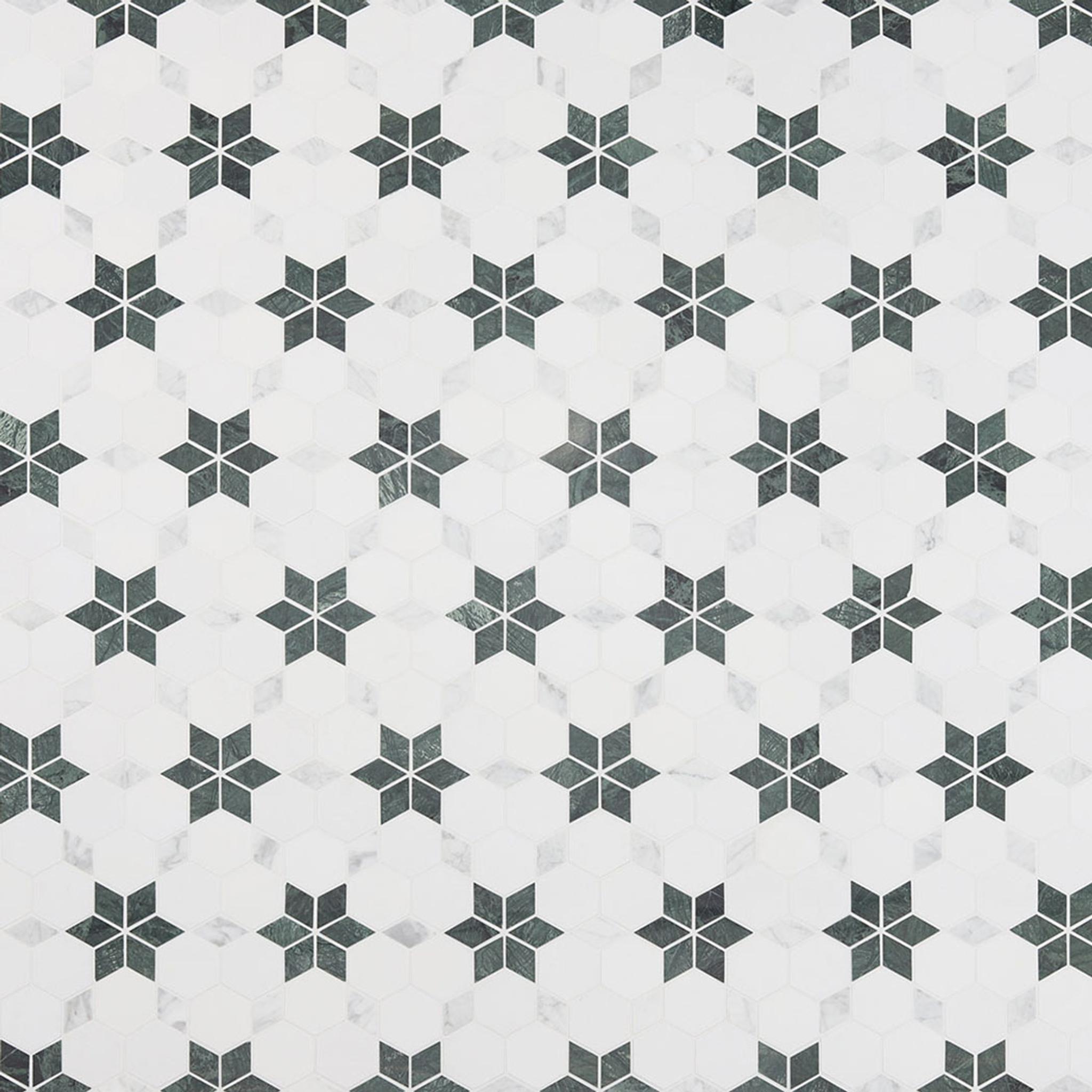 Hexagon White and Green Marble Mosaic Tiles — mosaic lục giác bằng đá marble trắng & xanh lục