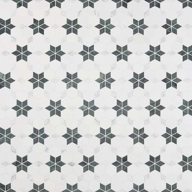 Hexagon White and Green Marble Mosaic Tiles — mosaic lục giác bằng đá marble trắng & xanh lục